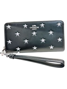 Coach Long Black Leather with Silver Stars  Zip Around Wristlet